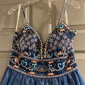 Blue Angela & Alison Prom dress. Beaded top with spaghetti straps. Tie back